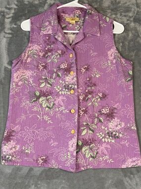 Island Shores Purple Floral Button Front Sleeveless Blouse Vintage Y2K L